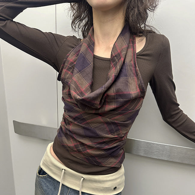 [LE SSERAFIM KAZUHA Pick] THE EPEL Check Halter Layered T-shirt